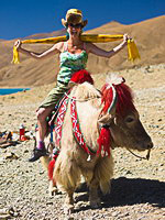Туристка катается на яке, Тибет