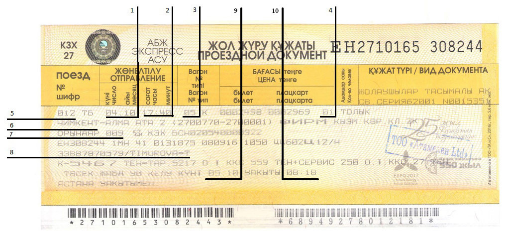 Train ticket of Kazakhstan Railways
