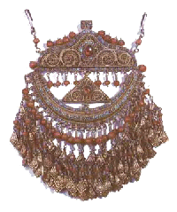 Uk-yoy. Cervical adornment. Khorezm. The 19th century. Silver, coral, turquoise, glass. Stamping, filigree, gilding.