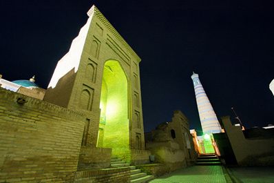 Entrance of Mausoleum of Makhmud Pakhlavan and Islam Khoja minaret, Khiva