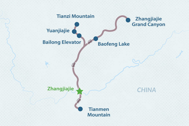 4-Day Amazing Zhangjiajie (Avatar Mountains) Nature Tour Map