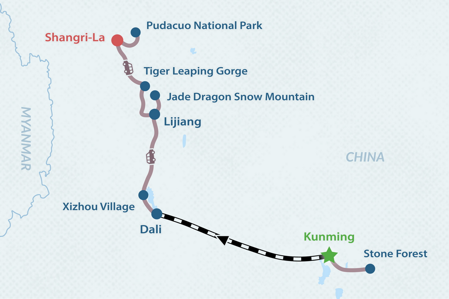 7-Day Shangri-la Exploring Tour Map