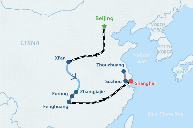 14-day China Heritage Tour: Stone & Water Map