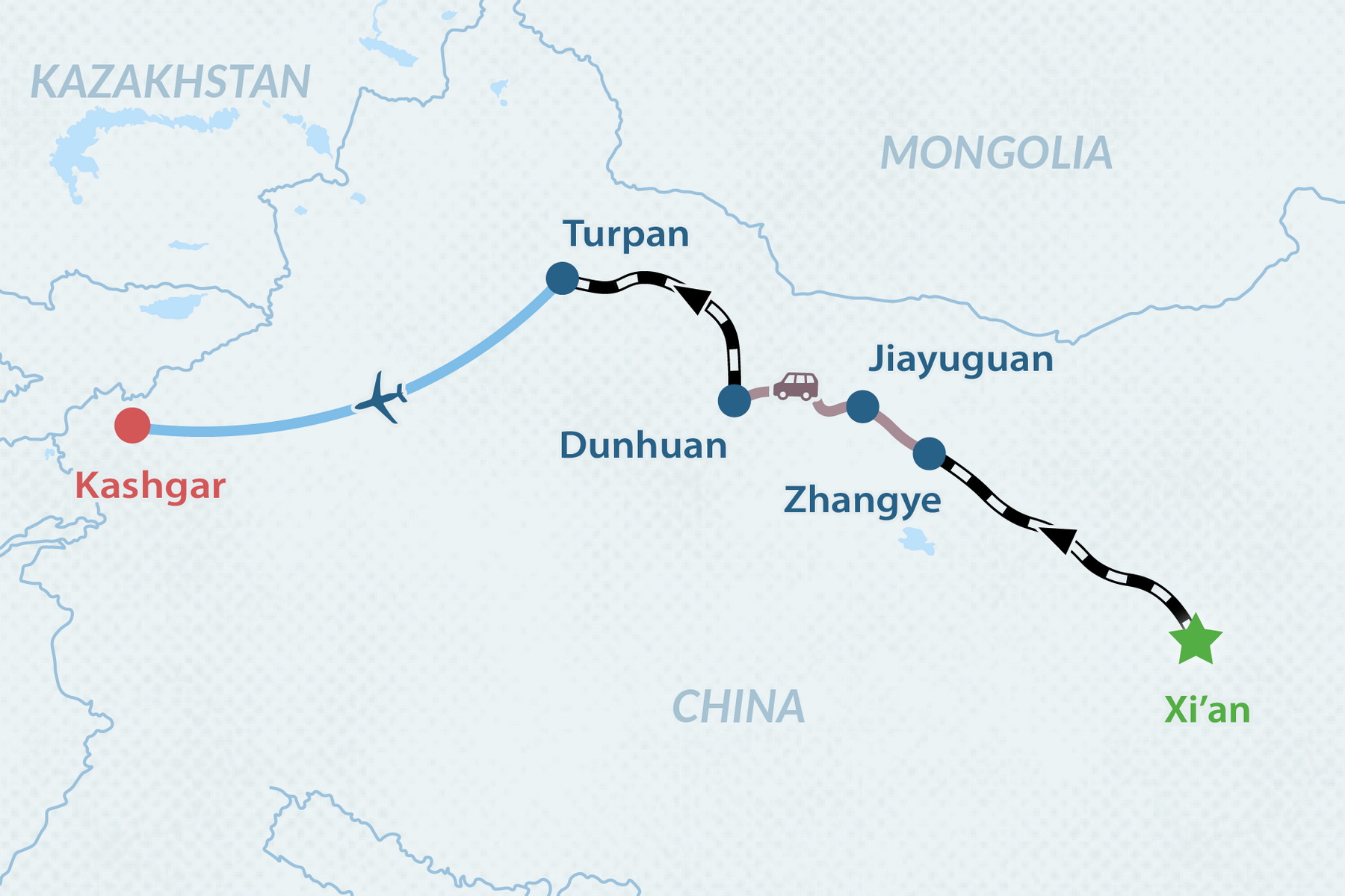 10-day Silk Road Tour in Western China: Xi’an to Kashgar Map