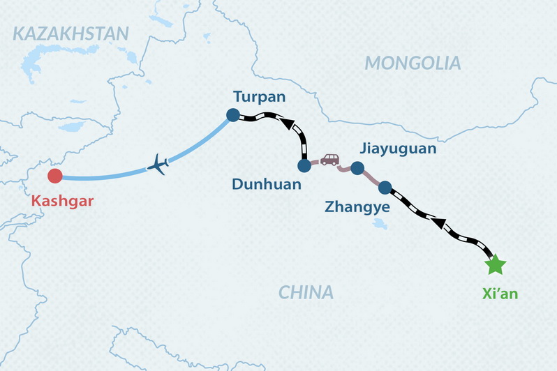 10-day Silk Road Tour in Western China: Xi’an to Kashgar Map