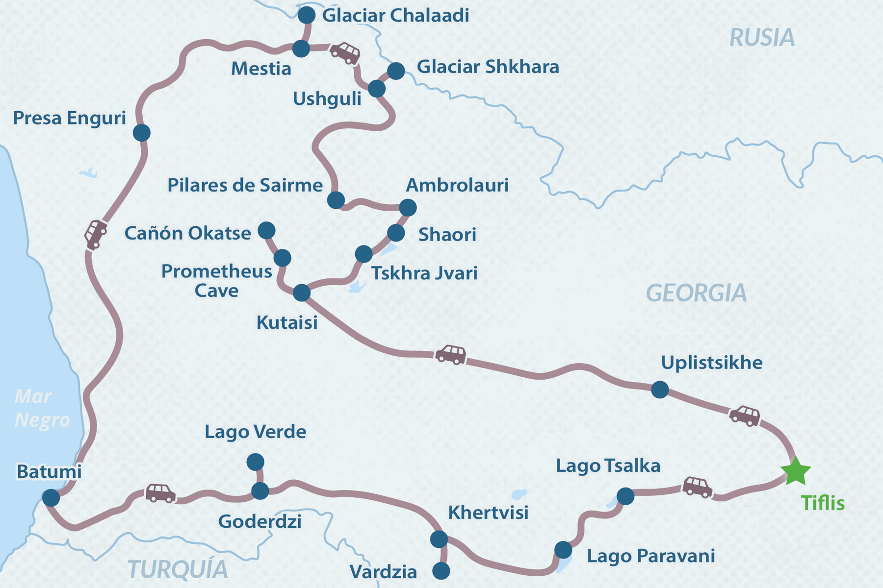 Tour de 14 días por las Maravillas Naturales de Georgia - en Español Mapa