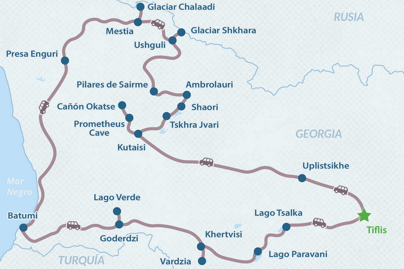 Tour de 14 días por las Maravillas Naturales de Georgia - en Español Mapa
