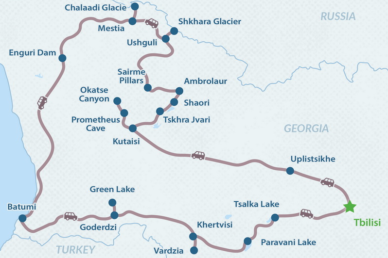 Tour de 14 días por las maravillas naturales de Georgia Mapa