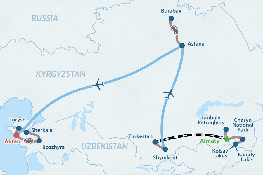 14-day Kazakhstan Immersion Tour Map