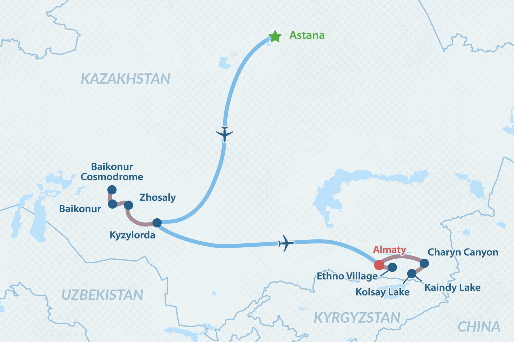 9-day Baikonur Launch & Kazakhstan Highlights Tour Map