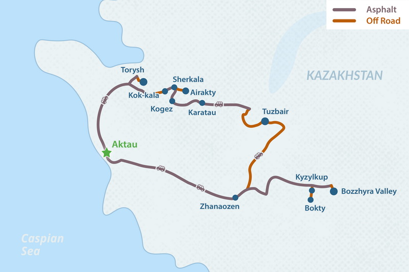 6-day Mangystau Classic Adventure Tour Map