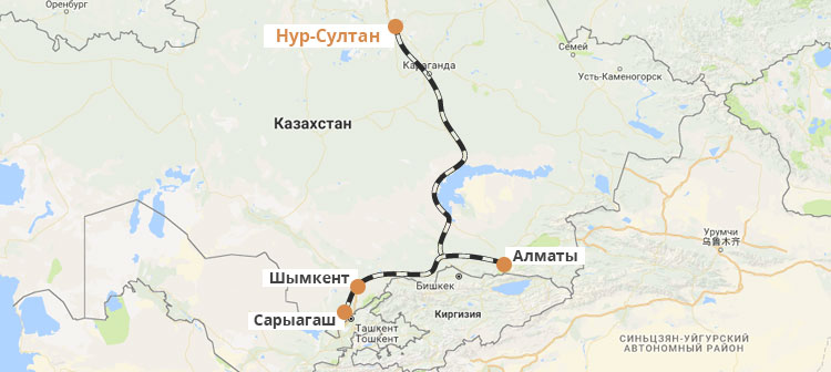 Карта маршрутов поездов Казахстана