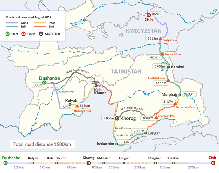Map of road conditions on the Pamir Highway