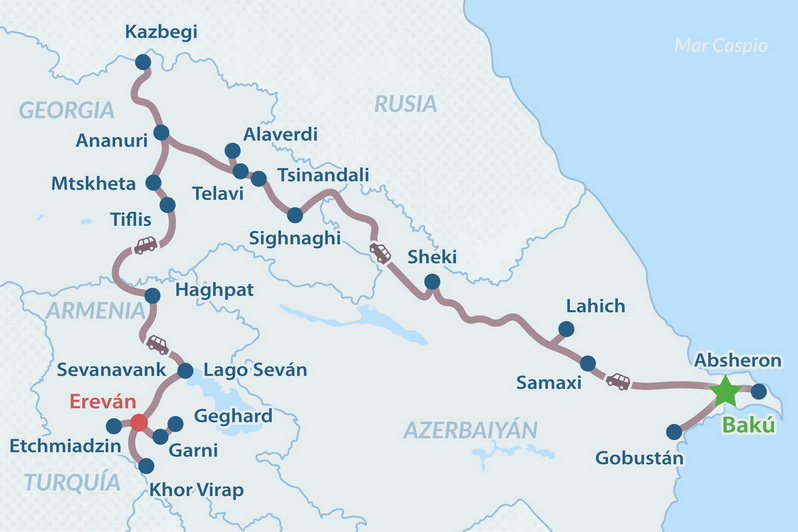 Tour de 12 días por Azerbaiyán, Georgia y Armenia - en Español Mapa