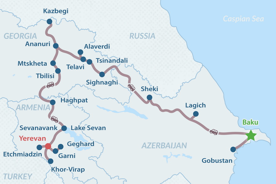 12-day Azerbaijan, Georgia and Armenia Tour Map