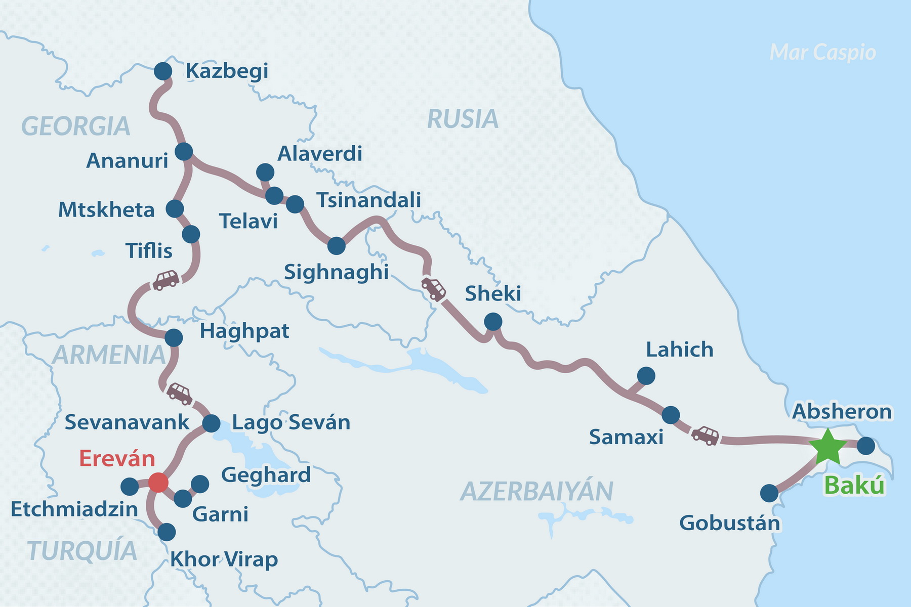 Tour de 12 días por Azerbaiyán, Georgia y Armenia - en Español Mapa