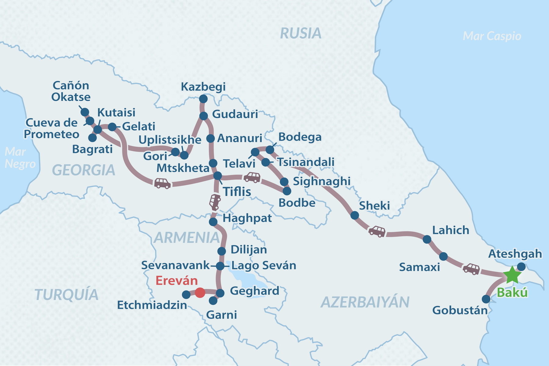Tour Azerbaiyán, Georgia y Armenia de 15 días - en Español Mapa