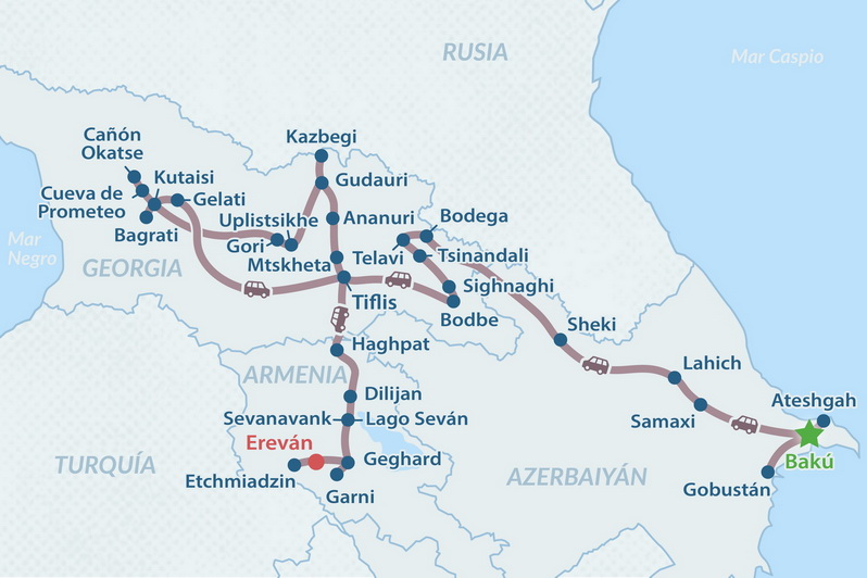 Tour Azerbaiyán, Georgia y Armenia de 15 días - en Español Mapa