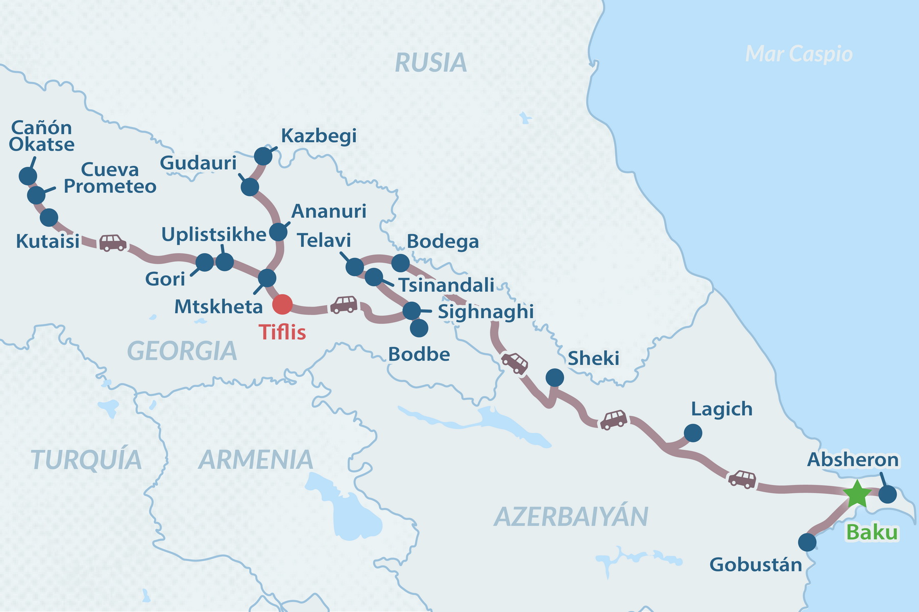 Tour de 12 días por Azerbaiyán y Georgia - en Español Mapa