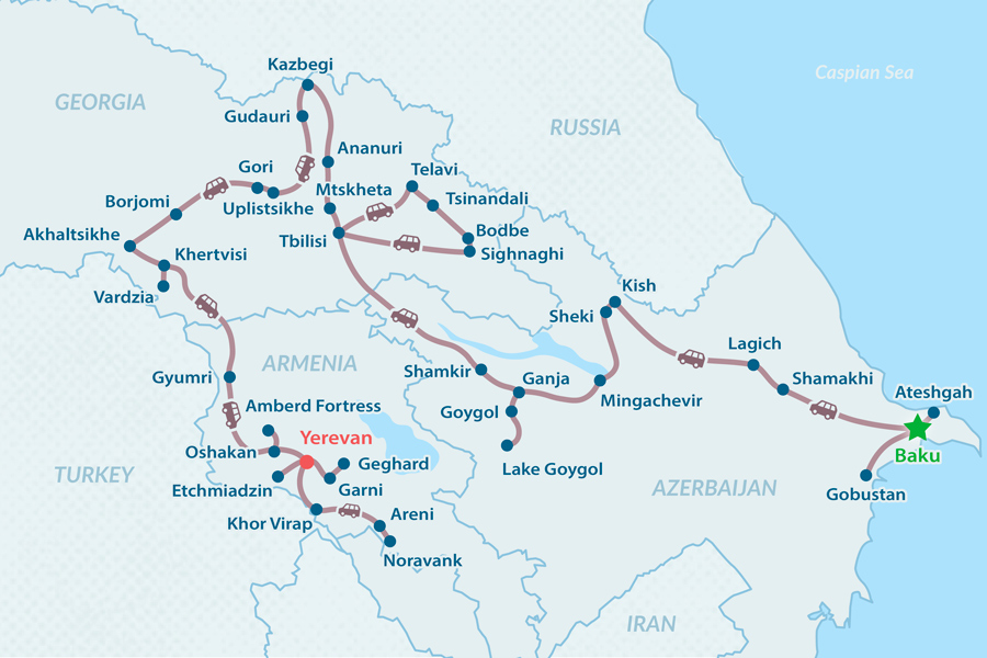 Cáucaso en 18 Días: lo Mejor de Azerbaiyán, Georgia y Armenia - en Español Mapa