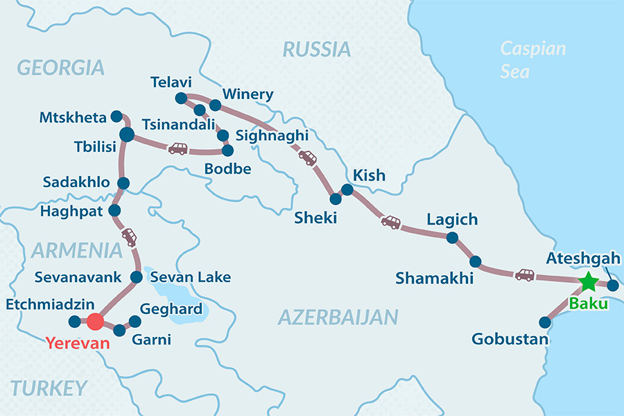 Tour del Cáucaso de 10 días – Azerbaiyán, Georgia y Armenia - en Español Mapa