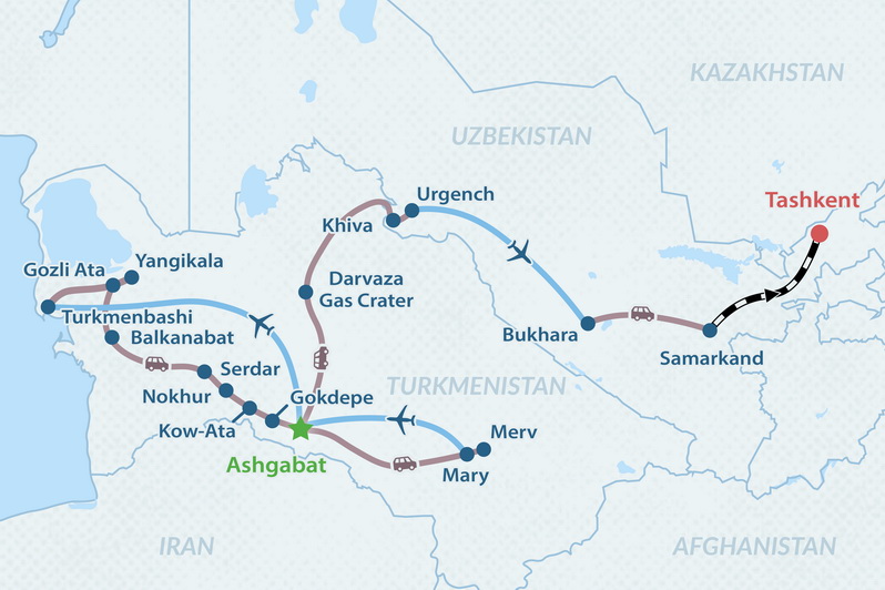 14-day In-Depth Turkmenistan-Uzbekistan Group Tour 2026–2027 Map