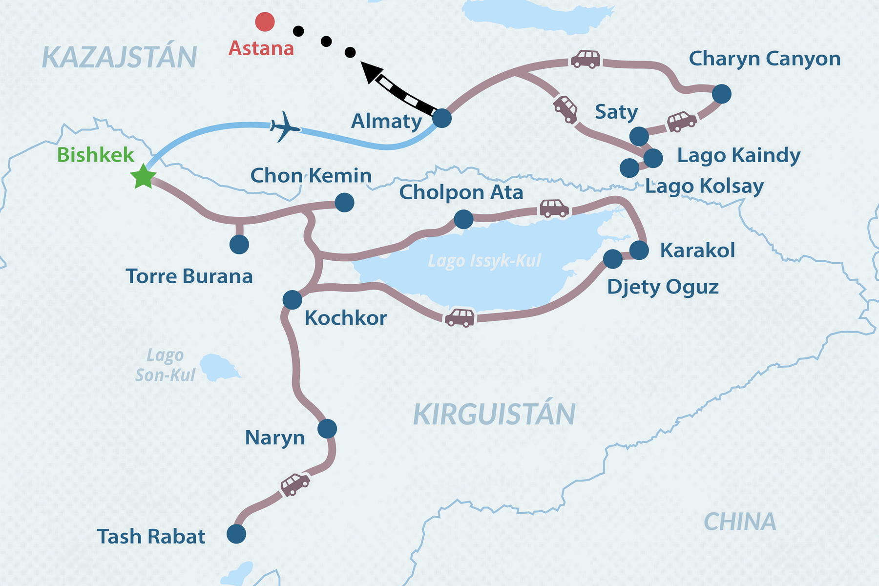Circuito Grupal de 15 días Clásico por Kirguistán y Kazajistán -  en Inglés Mapa