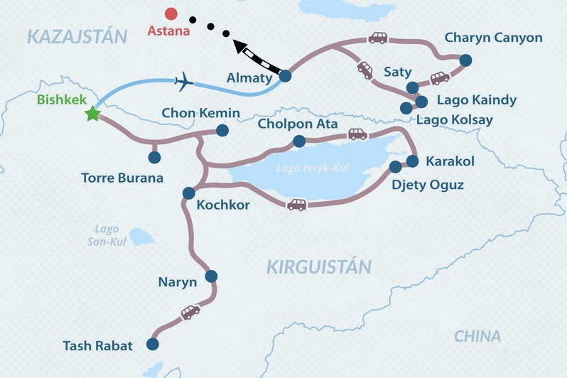 Circuito Grupal de 15 días Clásico por Kirguistán y Kazajistán -  en Inglés Mapa