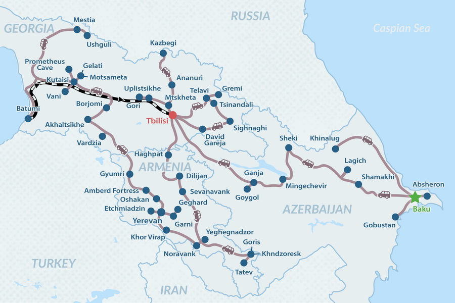 35-day Ultimate South Caucasus Tour Map