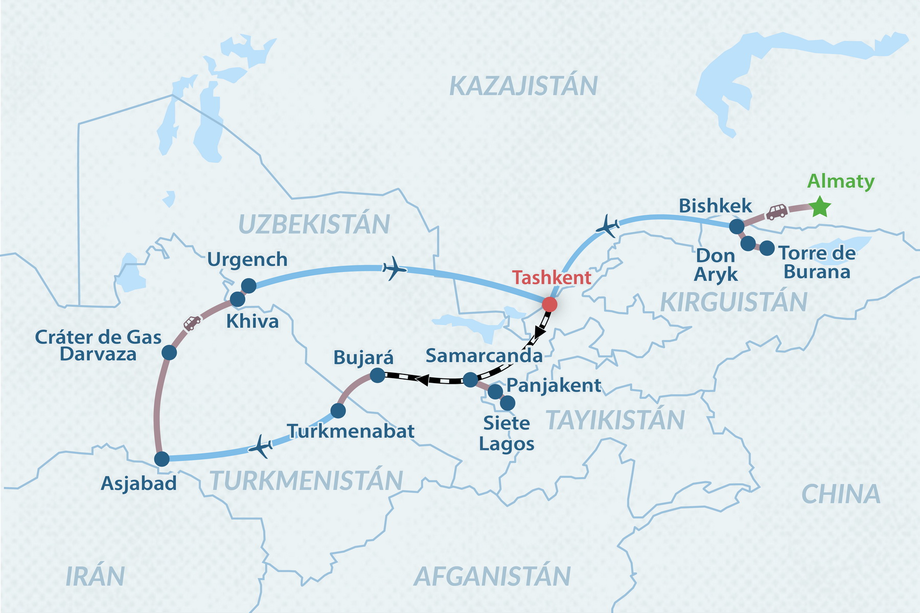 Circuito Grupal  por Asia Central por la Ruta de la Seda - en Español Mapa