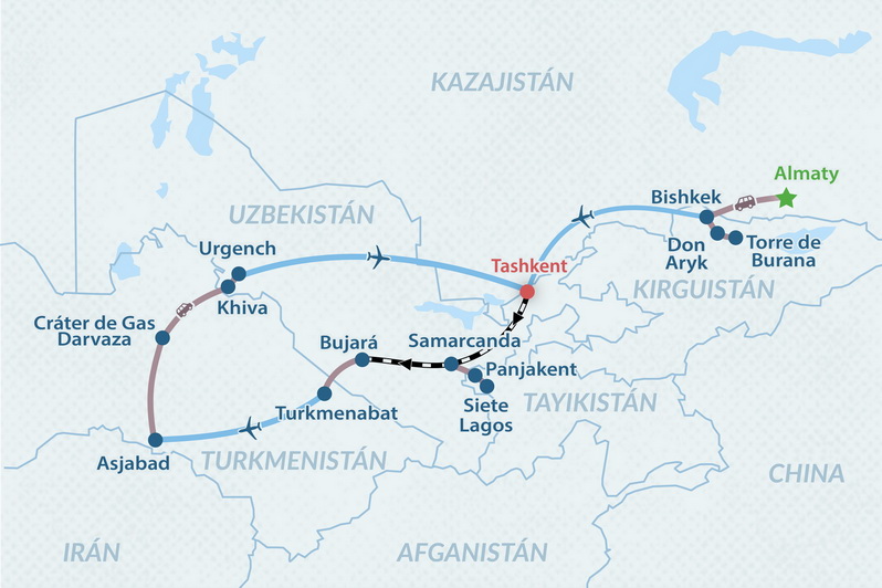 Circuito Grupal  por Asia Central por la Ruta de la Seda - en Español Mapa