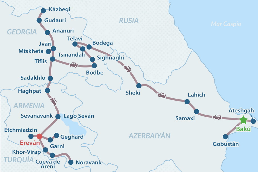 Circuito Grupal por el Cáucaso Maravilloso de 16 días - en Español Mapa