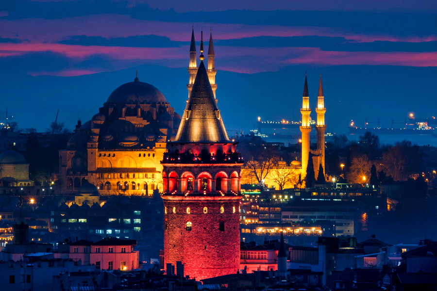 Galata Tower and Suleymaniye Mosque, Istanbul Skyline at Night