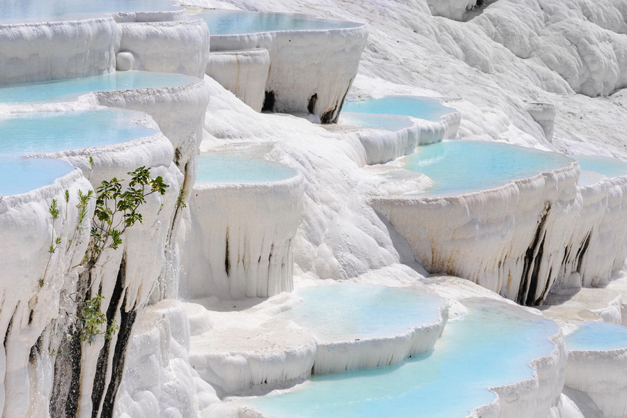 Travertine Pools and Terraces in Pamukkale, Magic of Pamukkale in Winter