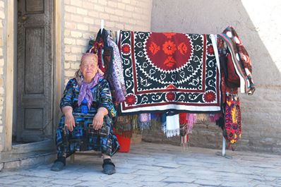 Suzanne artwork seller, Khiva, Uzbekistan