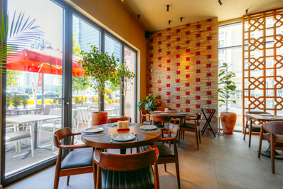 Restaurant hall with panoramic windows