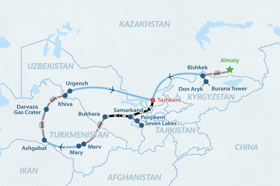 14-day Central Asia in 2 Weeks Tour from Malaysia Map