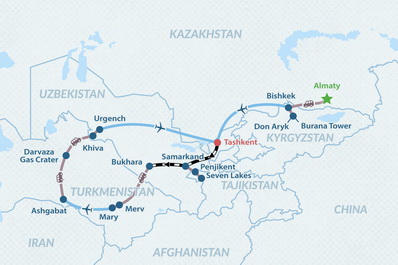 14-day Central Asia in 2 Weeks Tour from Malaysia Map