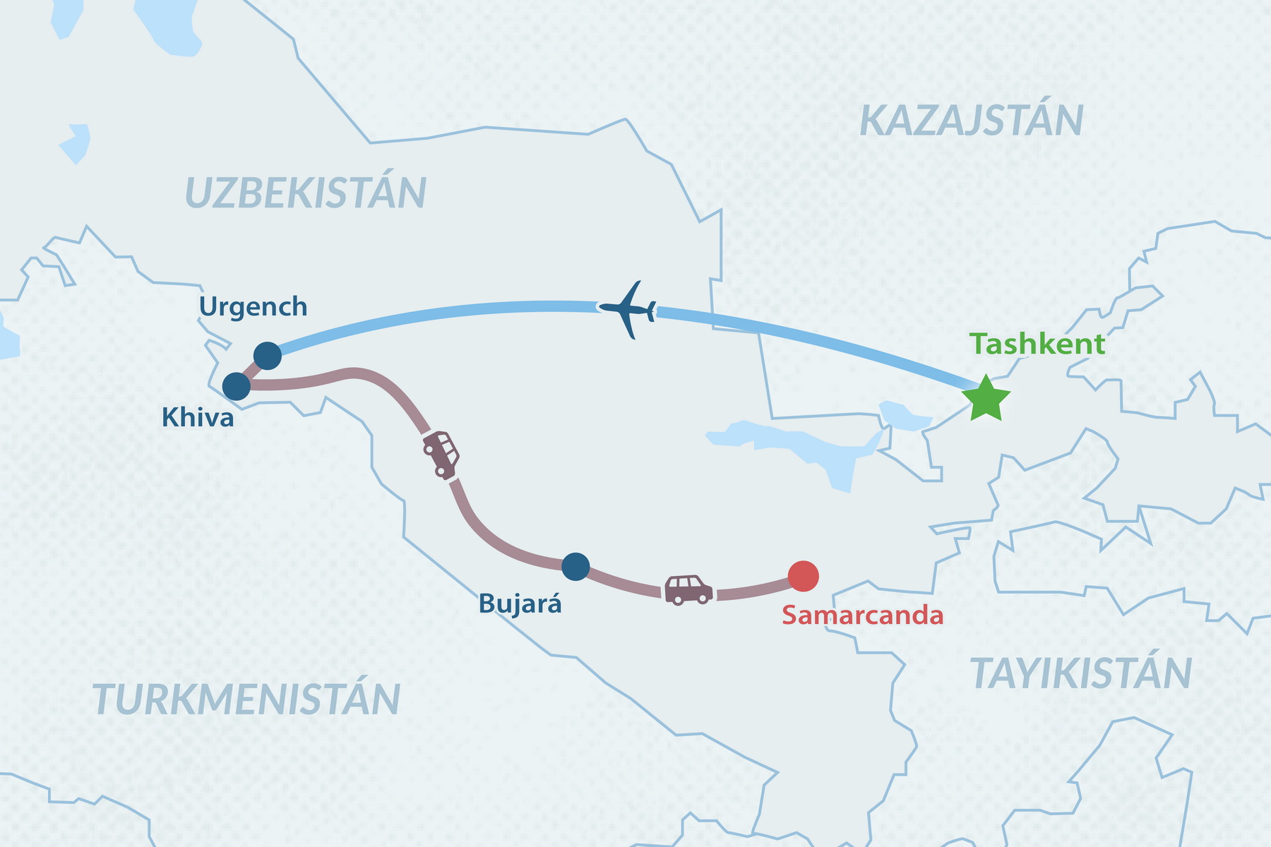 Uzbekistán desde Tashkent a Samarcanda 2026 - en Español Mapa