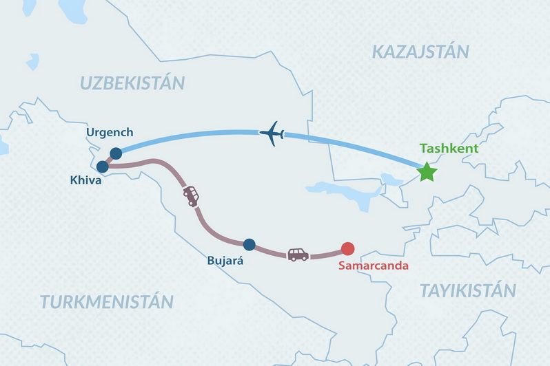 Uzbekistán desde Tashkent a Samarcanda 2026 - en Español Mapa