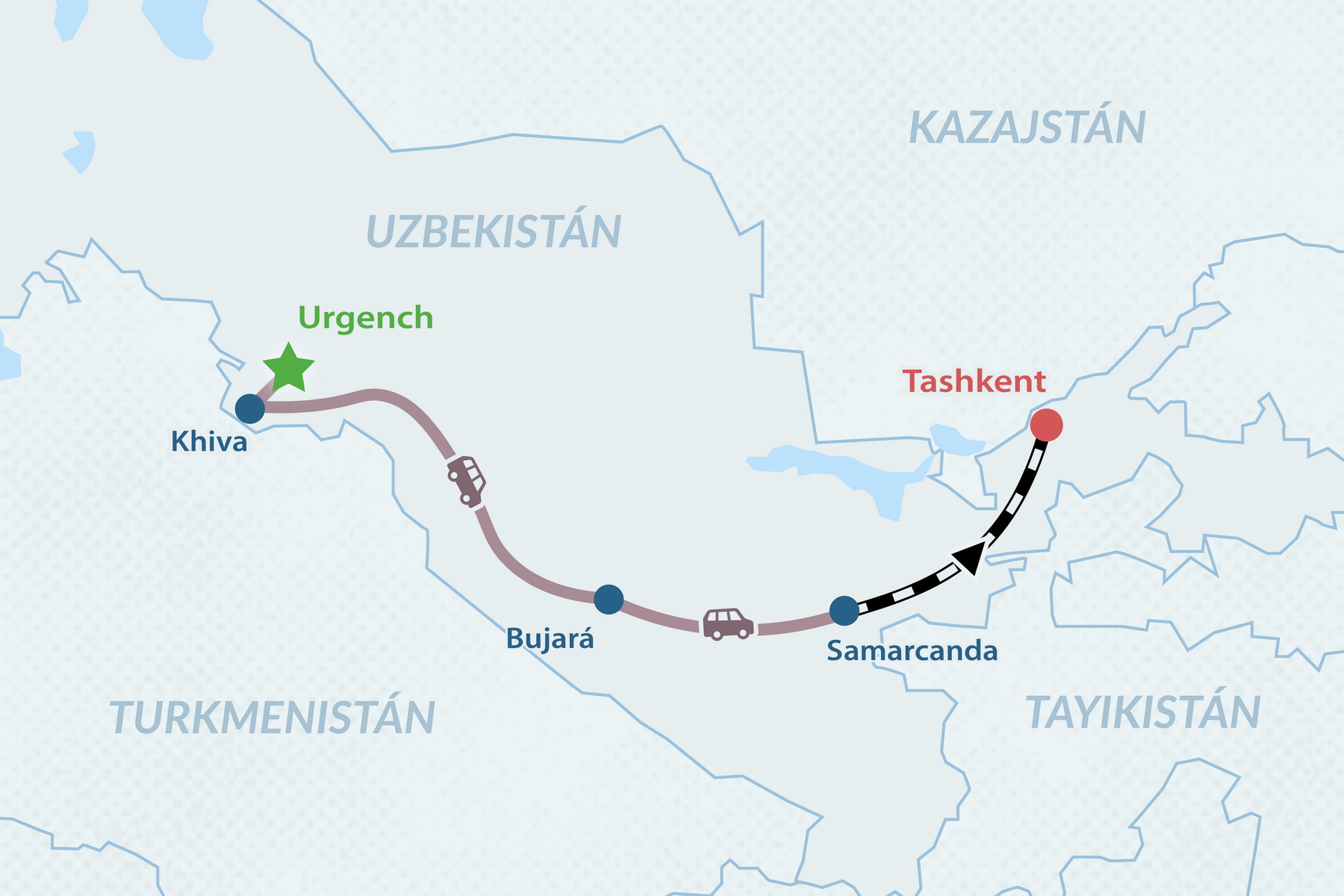 Uzbekistán desde Urgench a Tashkent 2026 - en Español Mapa