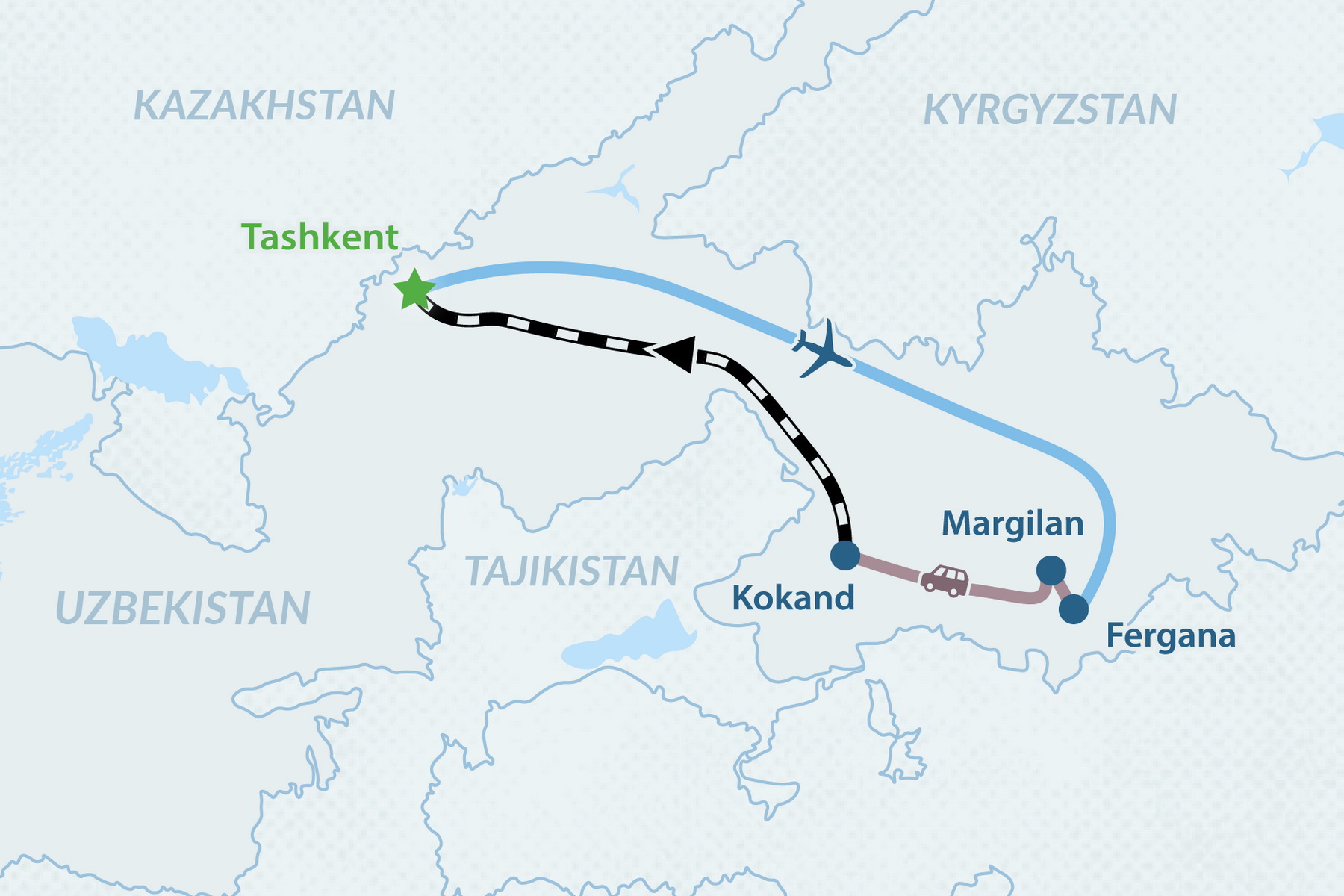 2-day Fergana Valley Heritage Tour Map