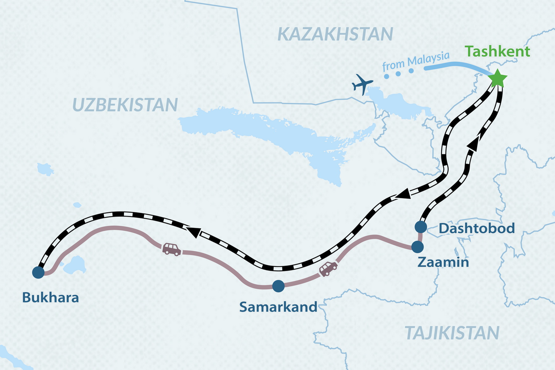 8-day Highlights of Uzbekistan Tour from Malaysia Map