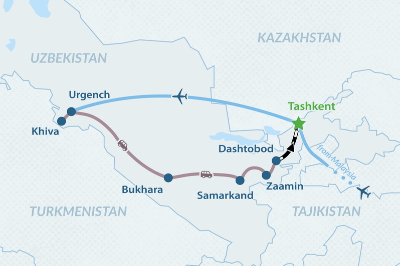 9-day Uzbekistan Classic Tour from Malaysia Map