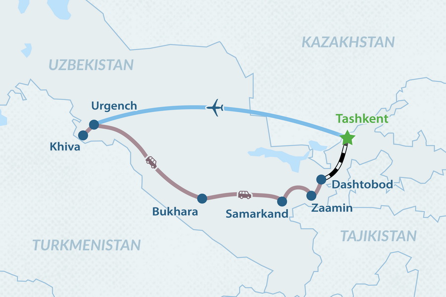 9-дневный классический тур в Узбекистан и Зааминские горы Карта