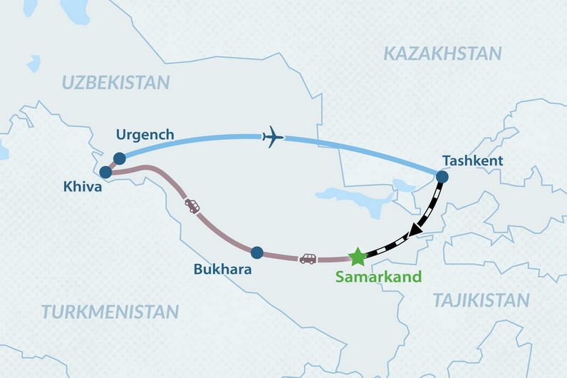 8-дневный классический тур в Узбекистан: кольцевой маршрут из Самарканда Карта