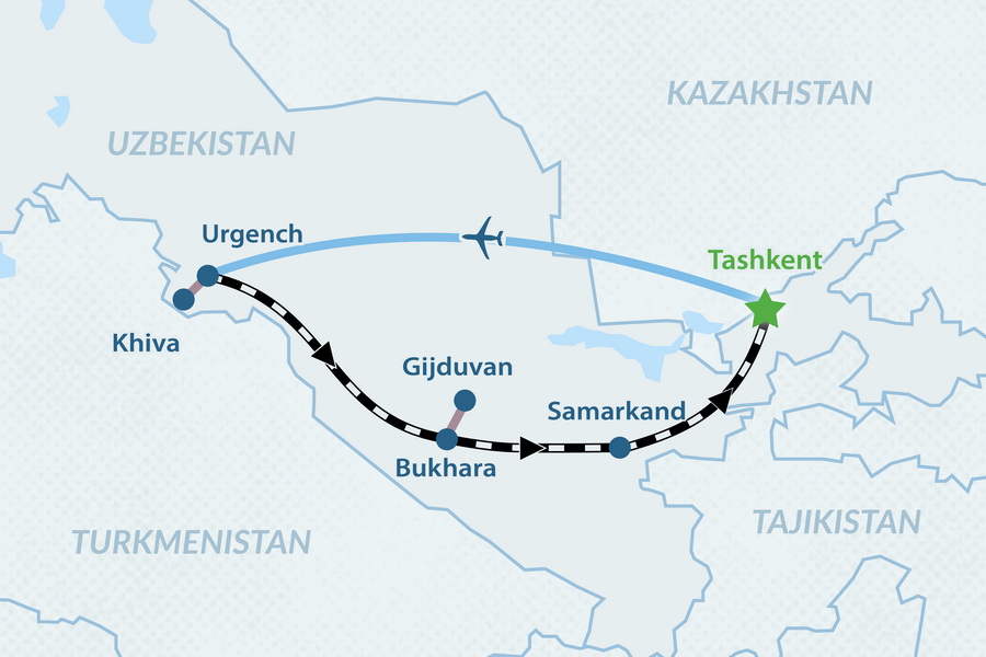 10-day Uzbekistan Relaxed Tour Map