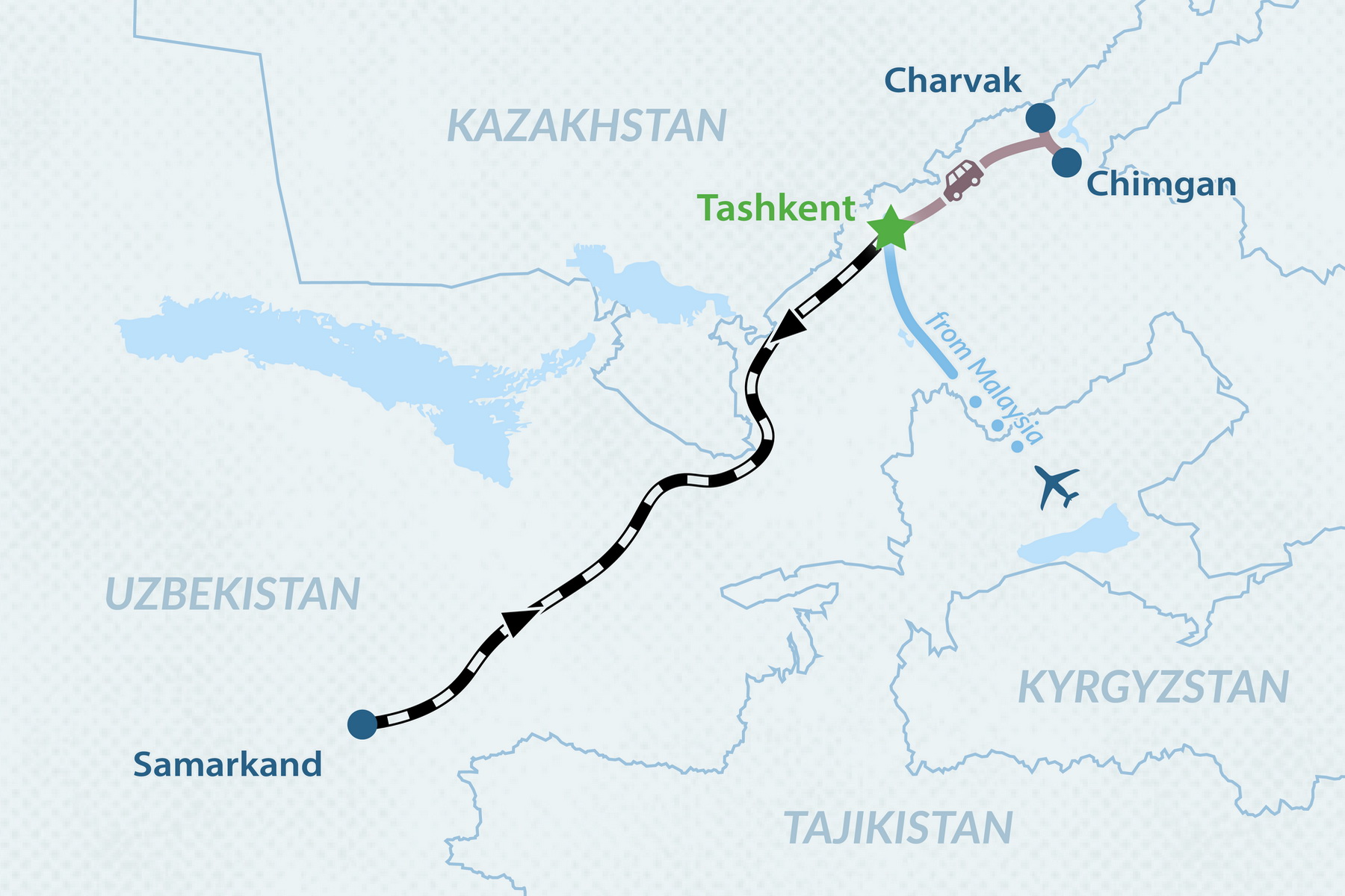 5-day Tashkent, Samarkand, Chimgan Tour Package from Malaysia Map