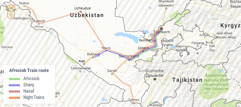 Расписание афросиаб ташкент. Схема поезда Афросиаб Узбекистан Ташкент - Бухара. Железная дорога Ташкент Бухара карта. Ташкент Самарканд Душанбе карта. Ташкент Самарканд Бухара на карте.