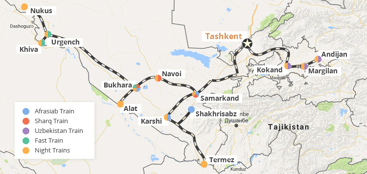 ウズベキスタン鉄道の地図